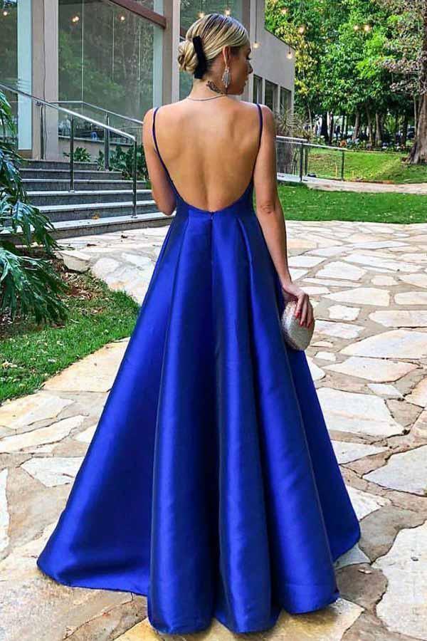 Robe de bal Weitese en satin bleu roi, coupe trapèze, bretelles spaghetti, longueur au sol